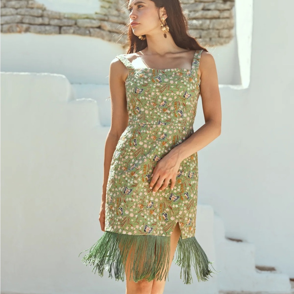 NWT EDDY Lauren embroidered lace up dress w/fringe spruce blush butterfly floral - Picture 3 of 8